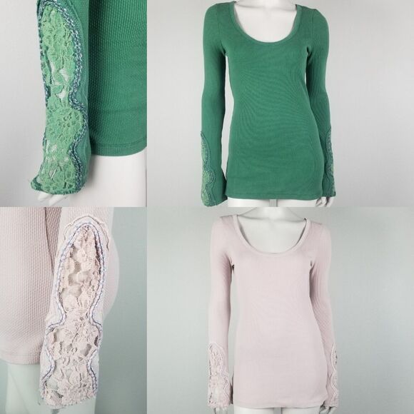 Free People Rare Crafty Cuff Green and Blush Thermal Top Bundle (2) Size Medium - Picture 2 of 13